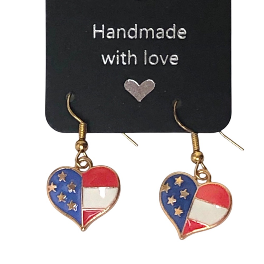USA Flag Heart Earrings Red White Blue 4th of July Patriotic Handmade NEW